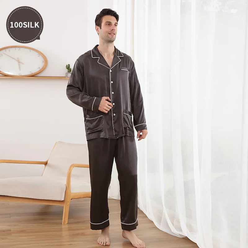 22 mm new style thicker silk pajamas men's 100% mulberry silk long-sleeved trousers set home sleepwear