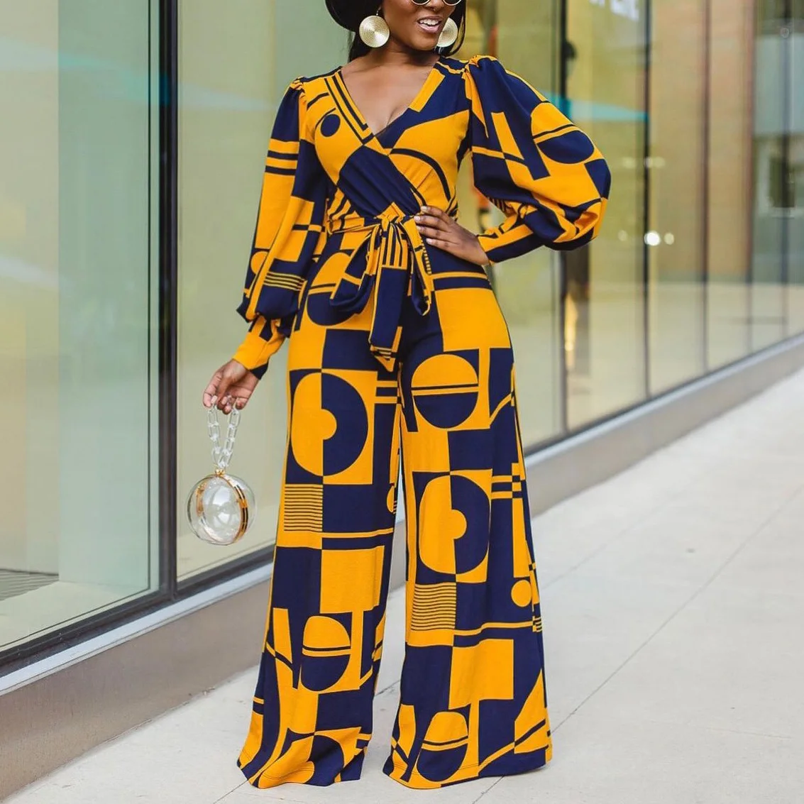 

Женский Длинный комбинезон с длинным рукавом, элегантный комбинезон с геометрическим принтом, V-образным вырезом, высокой талией и широкими штанинами, Осень-зима 2022
