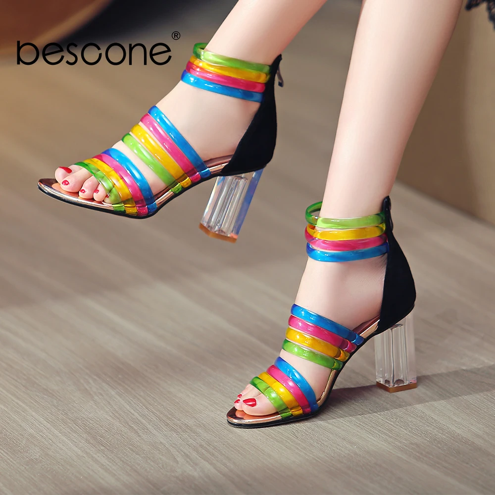 

BESCONE Fashion Women's Sandals Rainbow colors Handmade zipper Transparent Square Heel Sandals Women Sexy Women's Shoes BM532