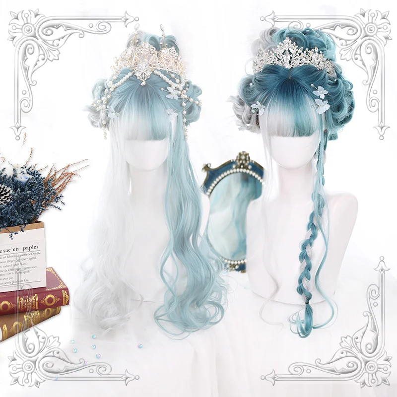

High Quality Lolita Mint White Tea Daily Female Cyan Natural Gradual Change Long Wig Cosplay Party