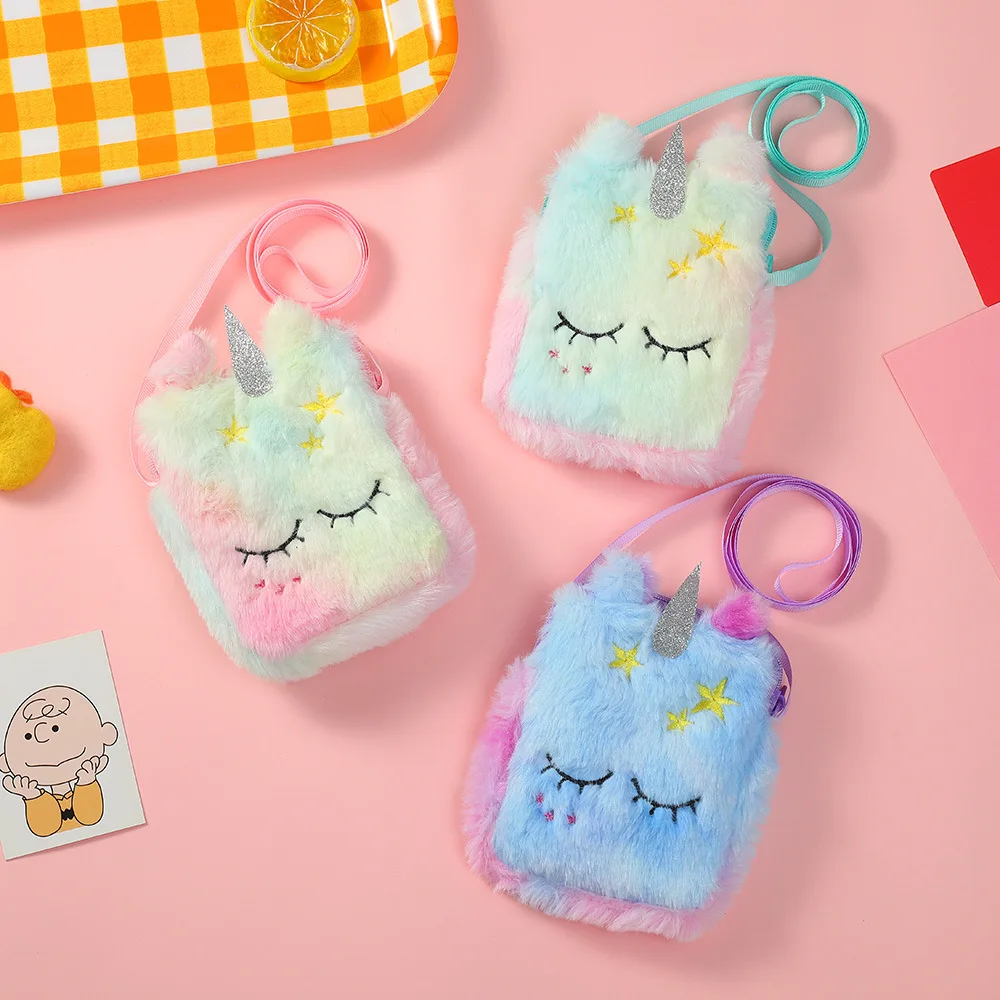Children&amp#39s Gift Cartoon Plush Unicorn Shoulder Bag Little Princess Cute Square Messenger Girl Coin Purse Backpacks |
