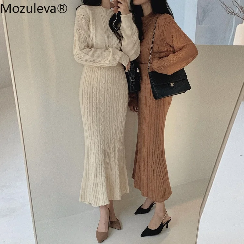

Mozuleva Autumn Winter Women Knitted Mermaid Skirt Sets Korean Pullover Sweater + High Waist Skirts Suit Sets Female Sweater Set