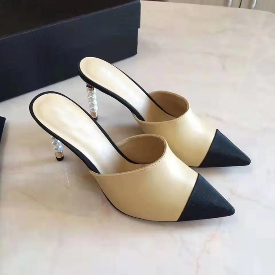 

Spring and summer 2020 new pointed thin high heel color matching slippers pearl heel temperament slippers