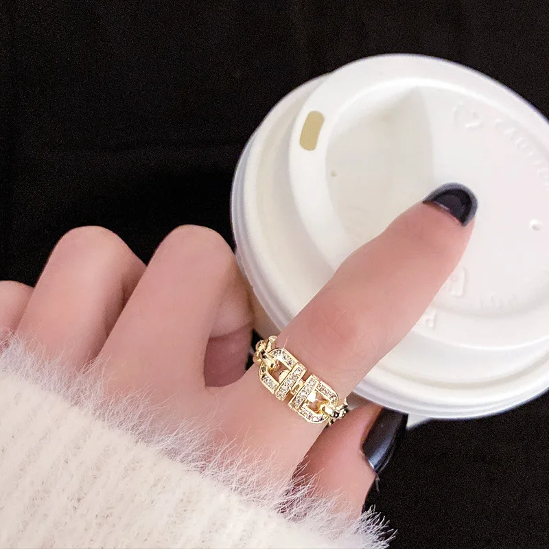 

ALLNEWME Trendy Luxury Spark CZ Stone Chunky Rings for Women Hollow Wide Curb Link Chain Adjusting Open Charm Ring Couple Gifts