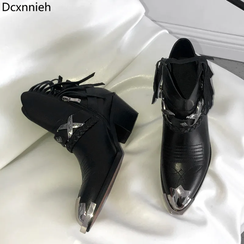 

Runway Metal Toe Tassels Chelsea Boots Woman Chunky Heels Metal Zip Ankle Boots For Woman Personality Knight Boots Punk Boots