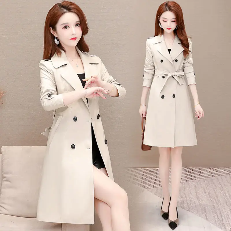 

2023 Autumn Elegant Middle-Long Women Trench Coat Double-breasted Casual Solid Overcoat Long Sleeve Windbreaker Y456