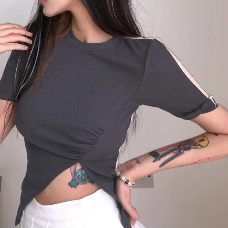 

XUXI Women Short Sleeve T-shirt Streetwear Irregular Hem Cropped TShirt Color Matching Pleated High Waist Was Thin E2877