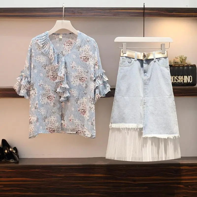 ICHOIX Женская Цветочная шифоновая рубашка с оборками и джинсовая юбка летние