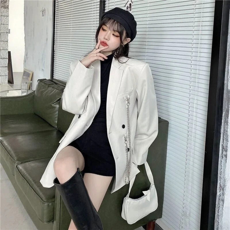 

Women Blazers Jackets Coat Office Ladies Solid Double Breasted Notched Streetwear Harajuku Fashion Pocket Outerwear