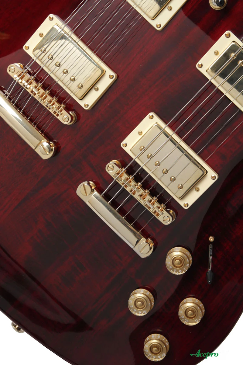 Винно-красная электрическая гитара Acepro с двойной шеей и корпусом из липы резная