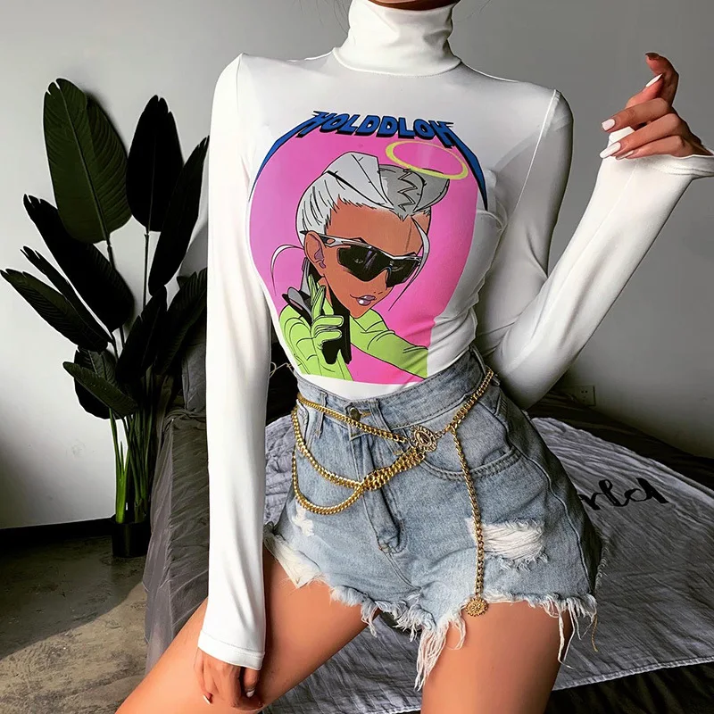 

HAOOHU 2020 Fashion Street Spring New Locomotive Girl Print Turtleneck Tight Jumpsuit 93664p