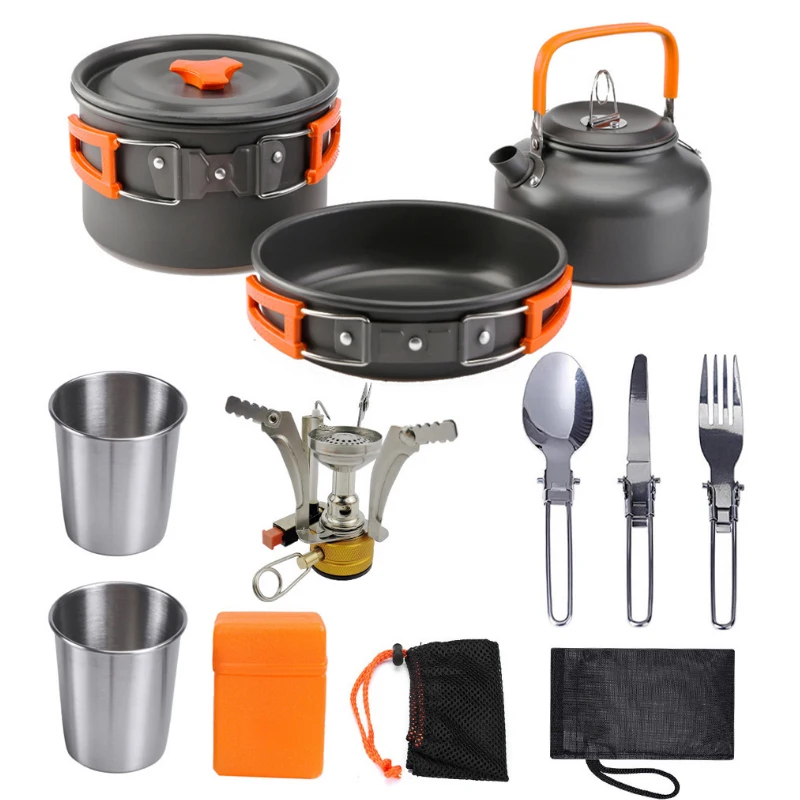 

New hot sale outdoor set of boiler head teapot with cup combination portable camping cooker stove equipment