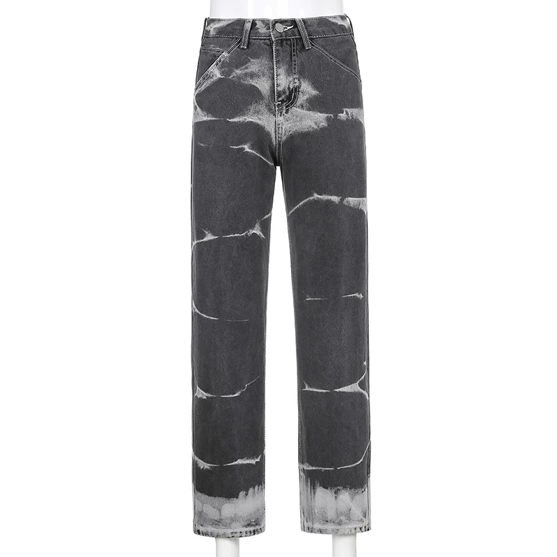 

Woman Baggy Jean Tie Dye Stripe Print Jeans Vintage Wide Leg High Waist Straight Pants Y2K Denim Trousers Aesthetic Streetwear