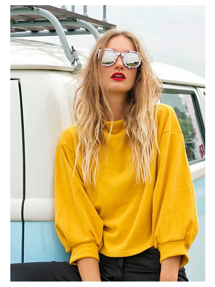 Dotfashion, свитер с воронкой и рукавом-фонариком, Женская толстовка, новинка, кавайные осенние желтые пуловеры, толстовка
