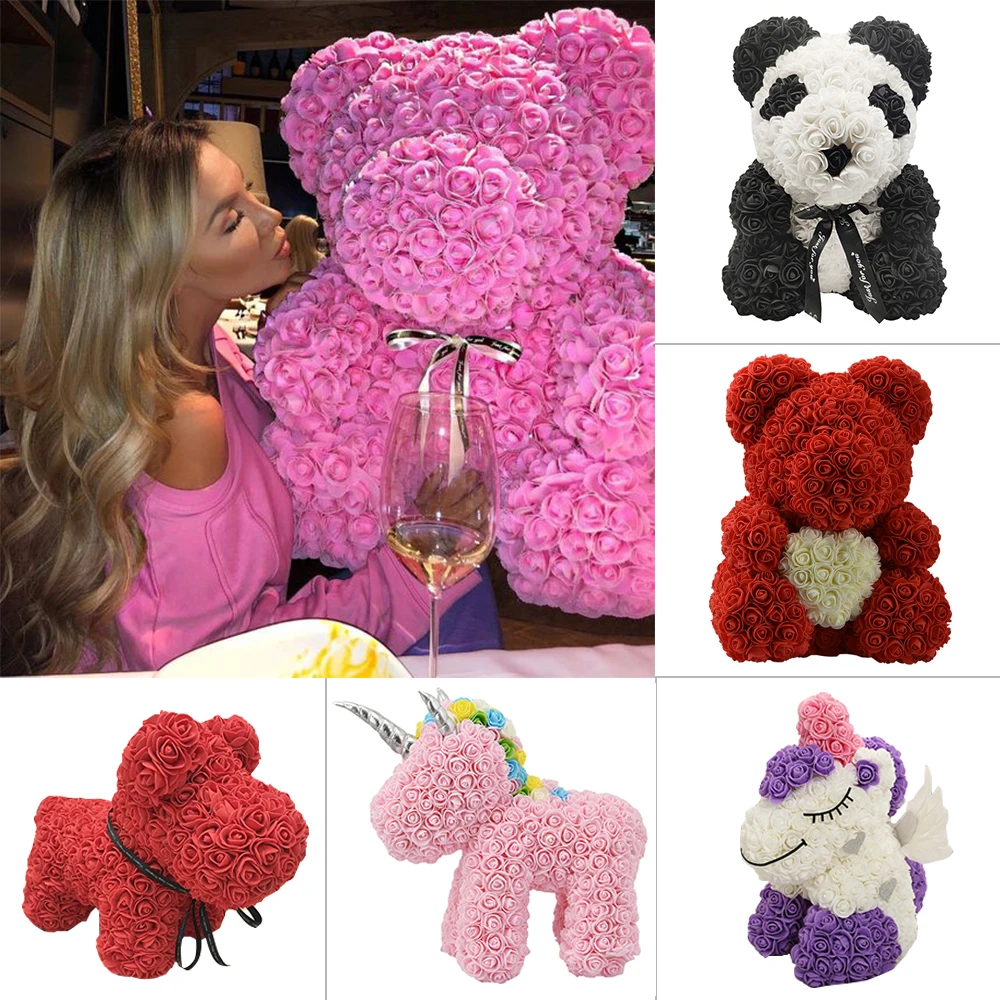 Оптовая продажа ПЭ пена роза единорог искусственные цветы роскошный медведь из