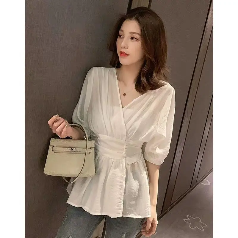 Летняя одежда очень Феи холодный стиль V образный вырез Топ Ретро шифоновая