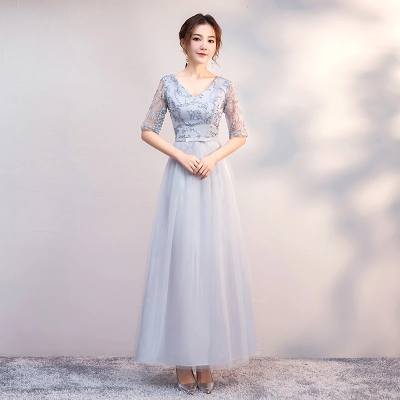 V образный вырез Длинные тюлевые платья серого цвета для подружек невесты сестра