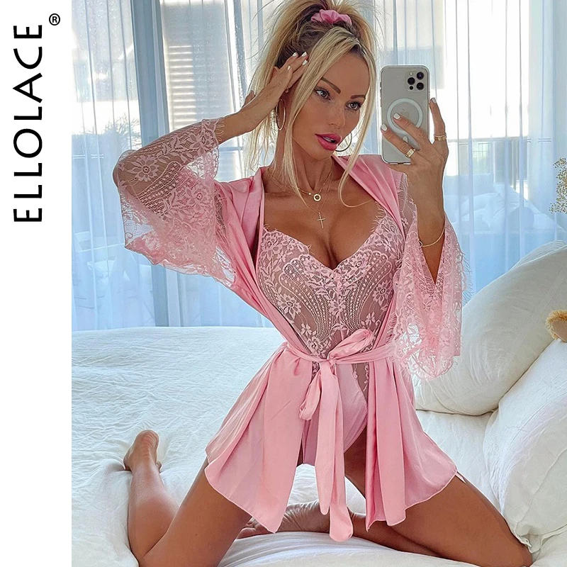 

Ellolace Sexy Lace Satin Bathrobes Wedding Silk Robe Sets Women's Nightdress and Bodysuit 2 Pieces Nightgown Home Suit Negligee