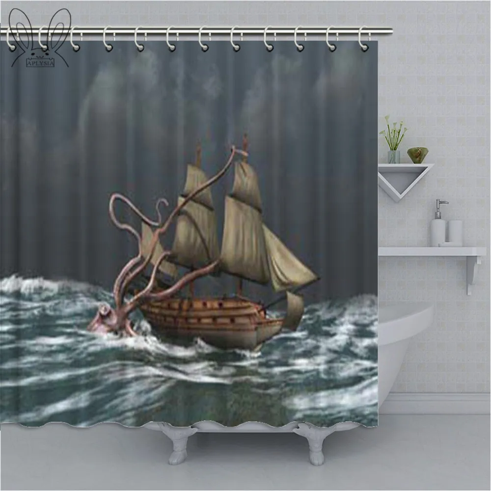 Custom Kraken Octopus Boat Waterproof Shower Curtain Polyester Fabric Curtains Bathroom Decor With Accessories | Дом и сад