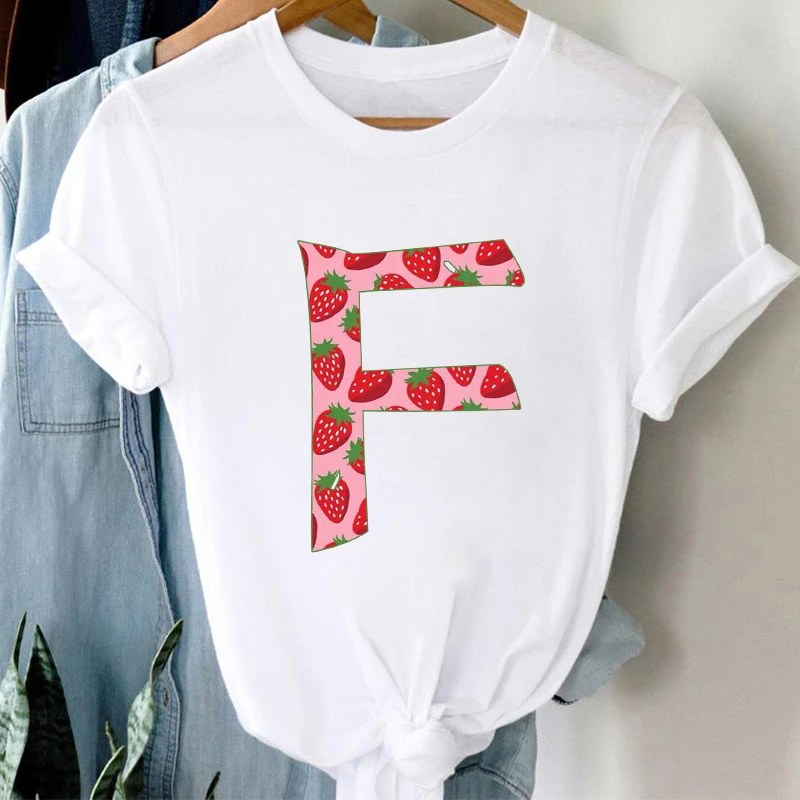 

Woman tshirts 2021 Custom Letters A B C T-shirts Strawberry graphic t shirt Fashion Short Sleeve Femme Summer Female T-shirt