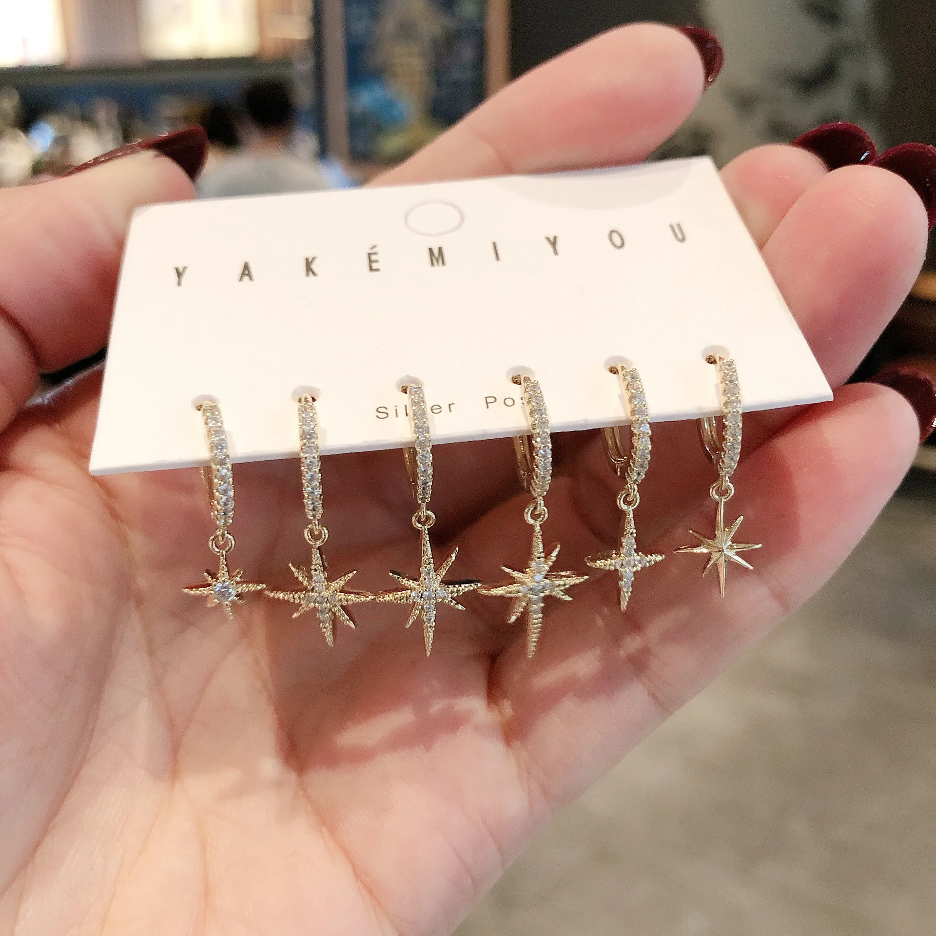 

New Inlaid With Shining Zircon Eight-Pointed Star Earrings Asymmetric Star Small Ear Buckle 6Pcs/Set Charm Women Jewelry Gift