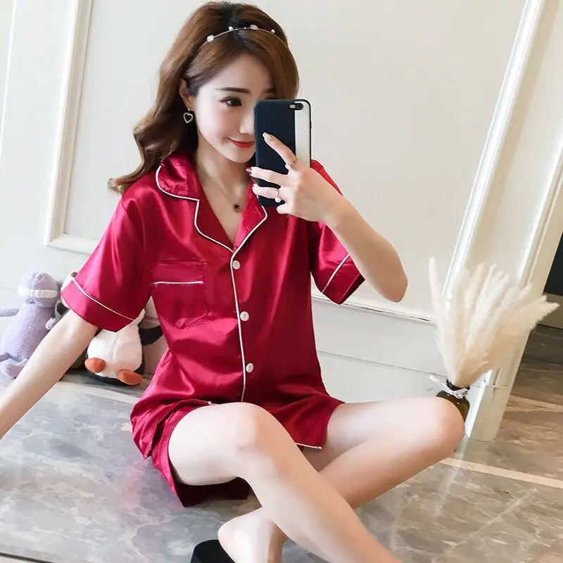 

Sylvia's magiaWomen's Ice Spring And Autumn Long-Sleeved Summer Suit Short-sleeved Silk Home Service Pajamas Set Plus Size M-5XL