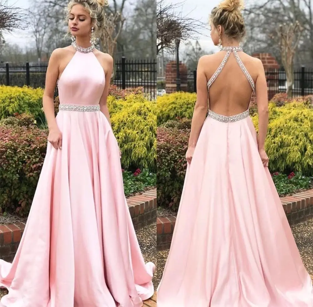

2020 Long Evening Dress Pink Satin halter Backless Satin Sleeveless Formal Gowns Crsytal Beading Elegant women gown robe de soir