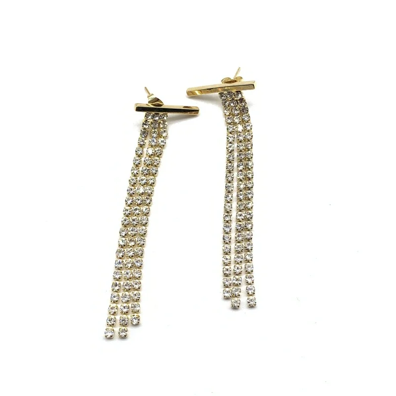 

New niche minimalist gold-faced crystal long tassels temperament earrings female earrings