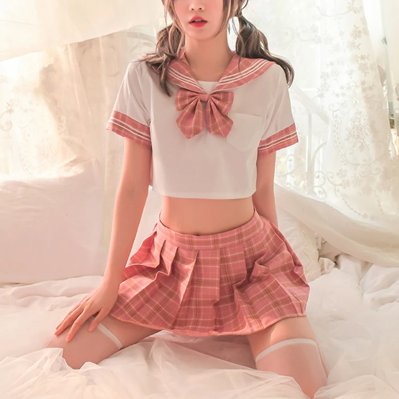 

Japanese Korean School Student Uniform Cosplay Costume Sexy Lingerie JK Student Girl Outfit Short Top Mini Plaid Pleated Skirt