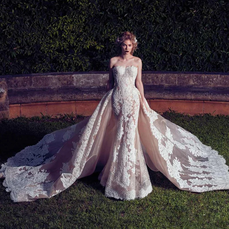

Haute Couture Luxury Mermaid Wedding Dresses with Detachable Train 2021 Lace Applique Exquisite Bridal Party Dress Vestido noiva