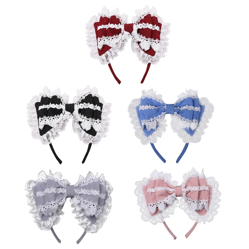 

Japanese Lolita Big Bow Knot Headband Sweet Ruffled Lace Trim Layered Hair Hoop Cosplay Party Bandana DIY Headdress