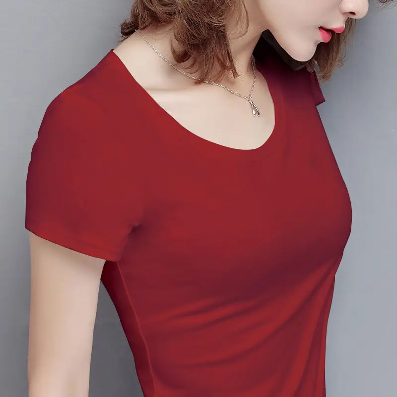 

[95% cotton can not afford the ball] summer white t-shirt women's short-sleeved slim solid color round neck student Korean base