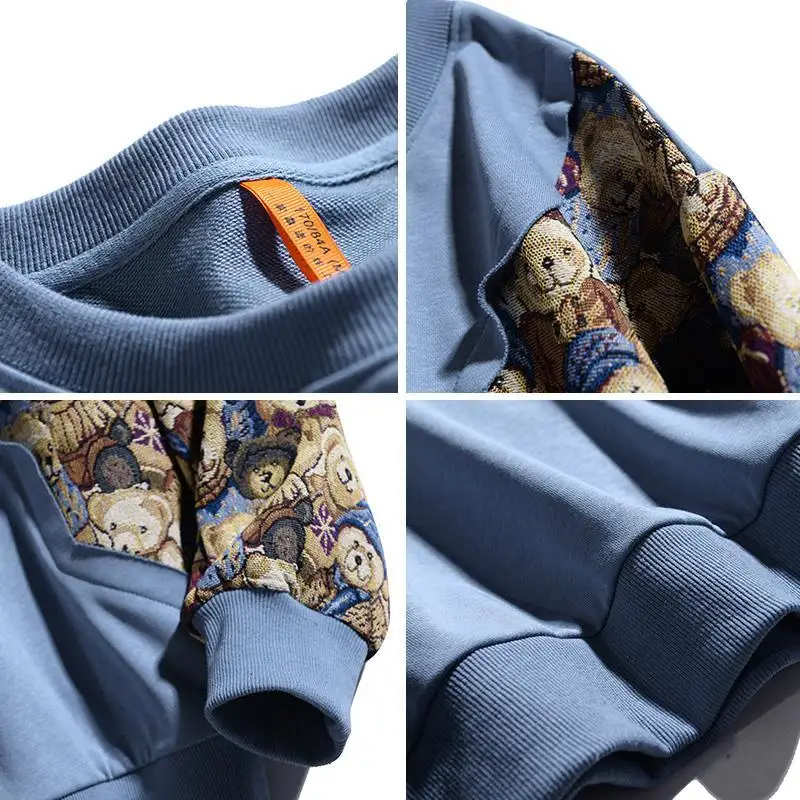 

Spring Bear Stitching Crewneck Dress Men and Women ins Lazy Wind Loose Korean Style Couple Top Harajuku Tide