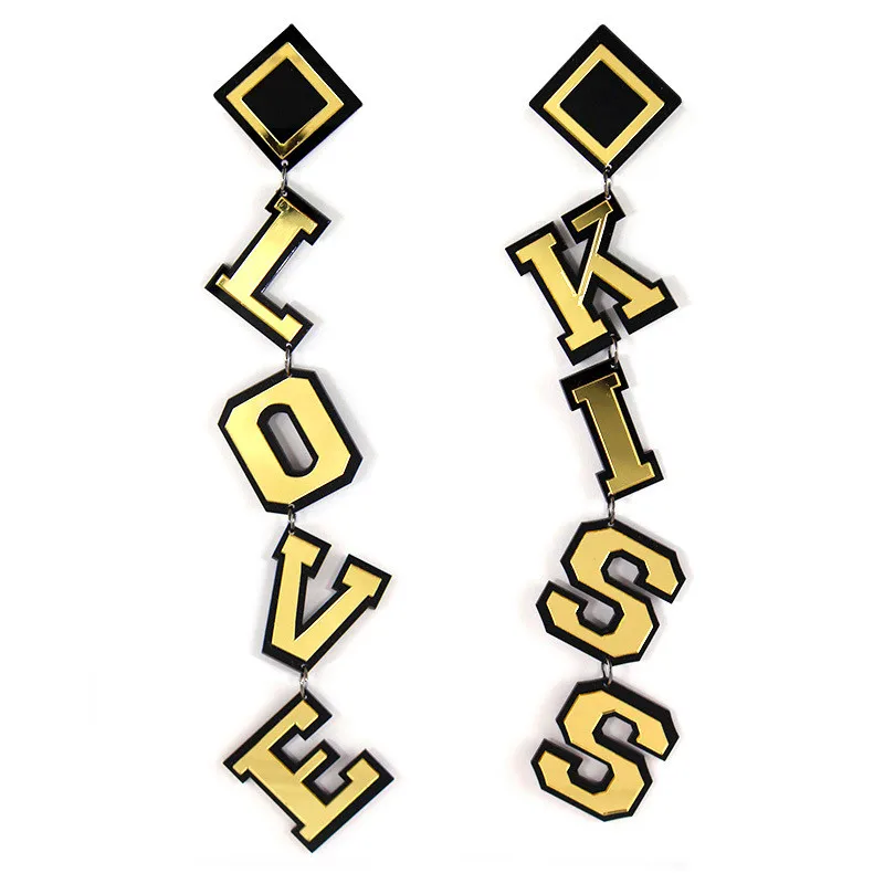 

New Punk Gold Color Letter Acrylic KISS LOVE Long Earrings For Women Girls Geometric Drop Earrings Fashion Party Jewelry Gifts