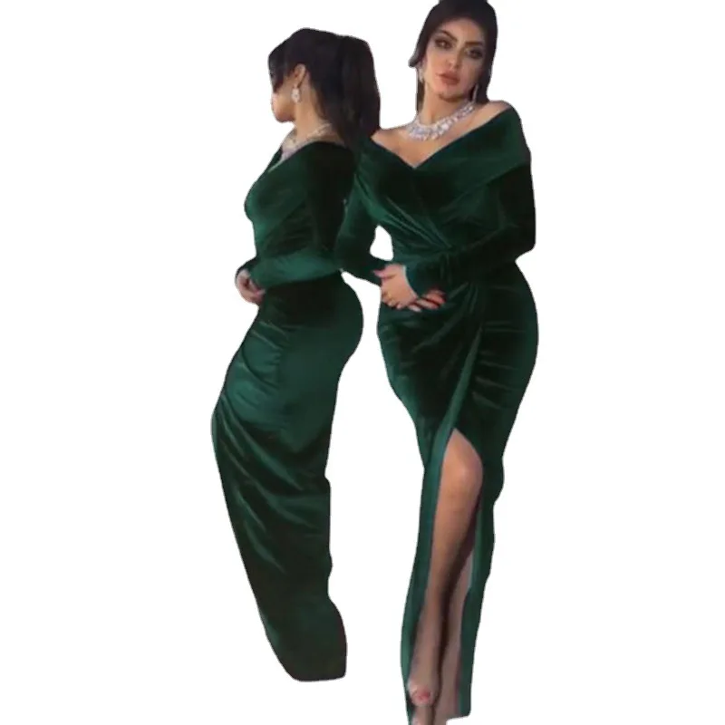 

Mandylandy Women's Sexy Elegant Long Sleeve Velvet Solid Color Slim Dress Spring and Autumn Slash Neck High Waist Slit Dress