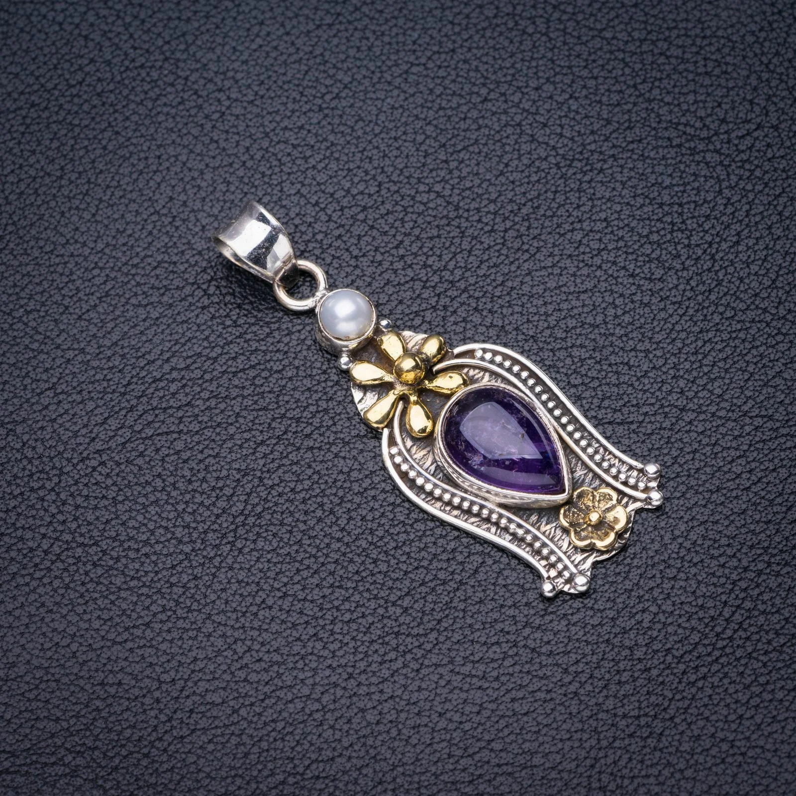 

StarGems Natural Amethyst River Pearl Flower Handmade 925 Sterling Silver Pendant 2" E4159