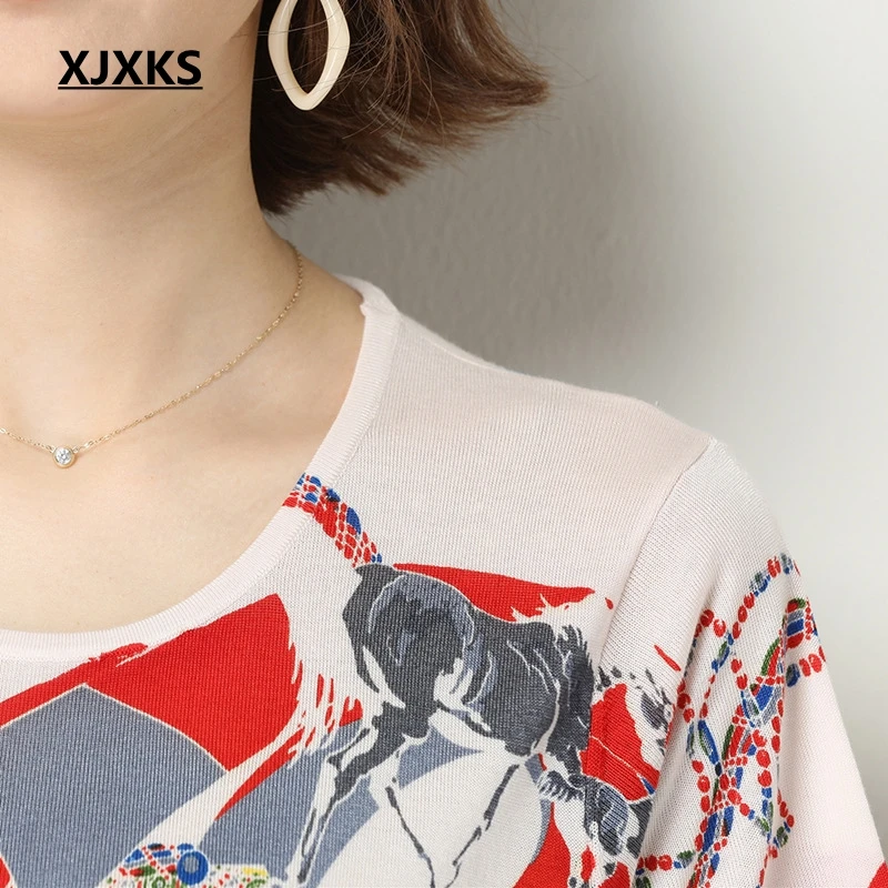 Женская футболка с цветочным принтом XJXKS летняя одежда коротким рукавом большие