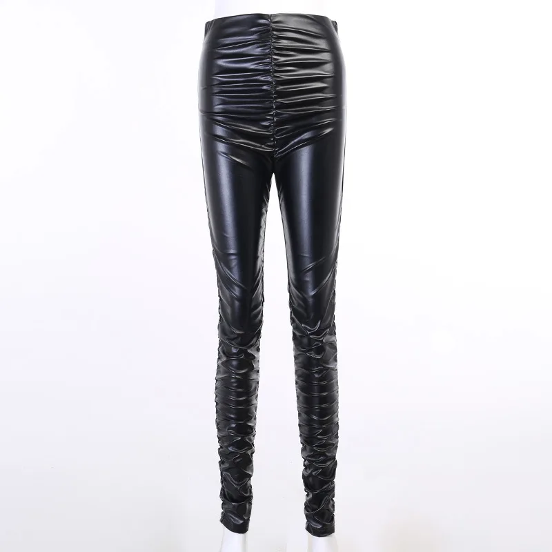 Модные пикантные плиссированные облегающие черные брюки из искусственной кожи