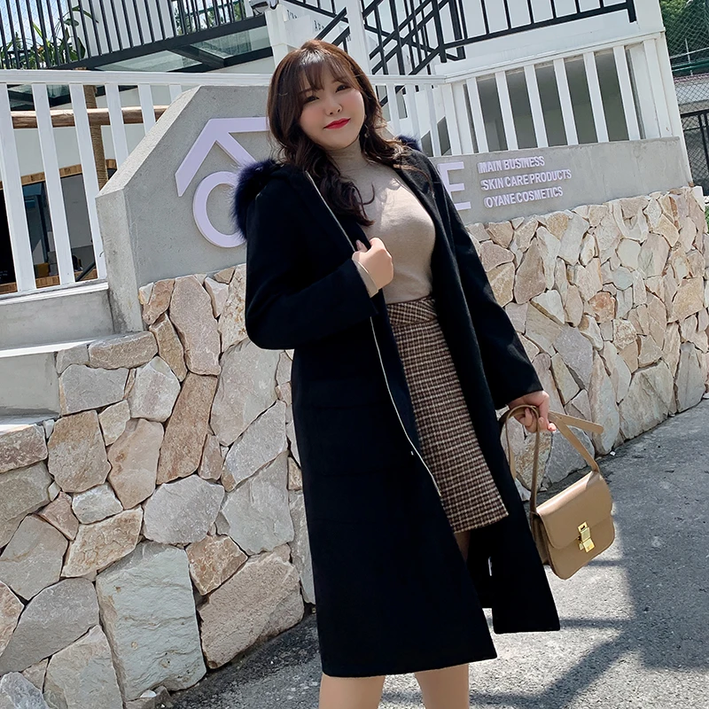 Real fur collar Новинка, Женское шерстяное пальто, зима-осень, длинное женское пальто, большие размеры, стандартный европейский размер 6XL 7XL, Тренч с меховым воротником - Цвет: Real fur collar