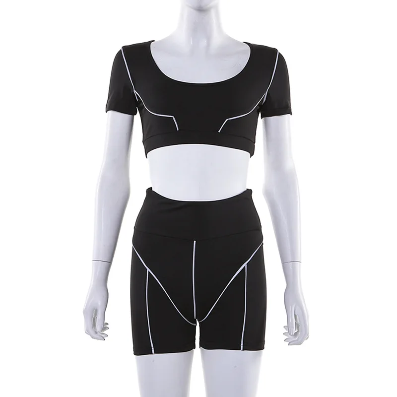 

Casual Neon Color Women Two Piece Sets Fashion Reflective Active Wear Tracksuit Crop Top And Shorts Matching Set Sporty