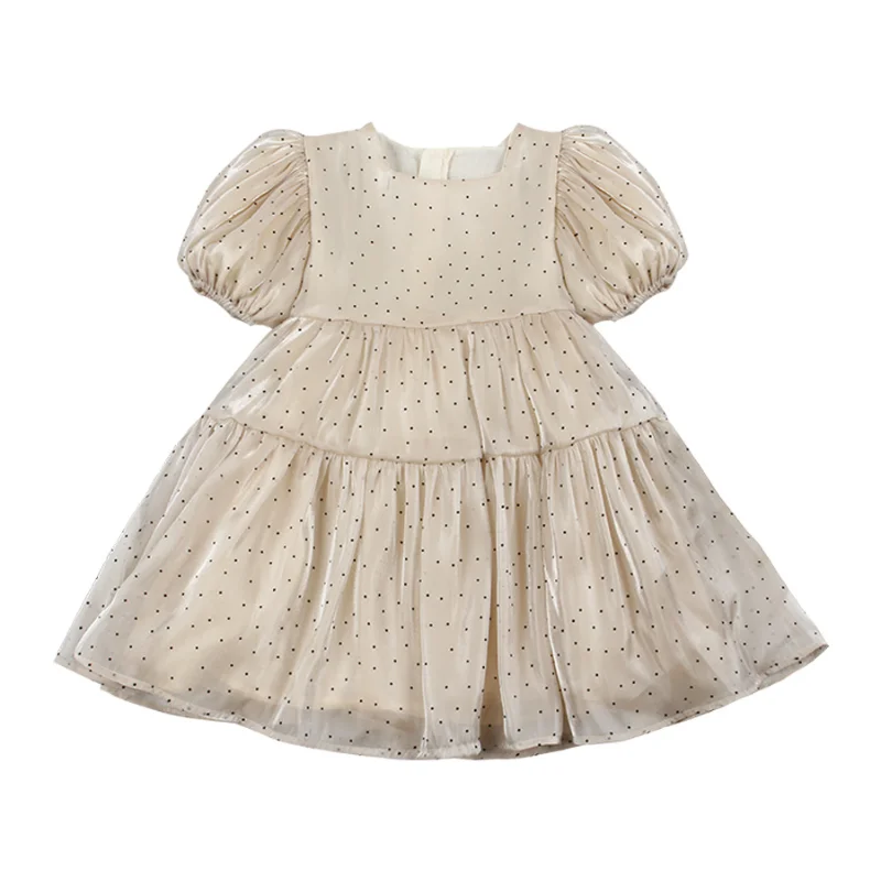

Children's clothing 2021 summer new short-sleeved dress princess dress bow polka dot milk tea color female dress