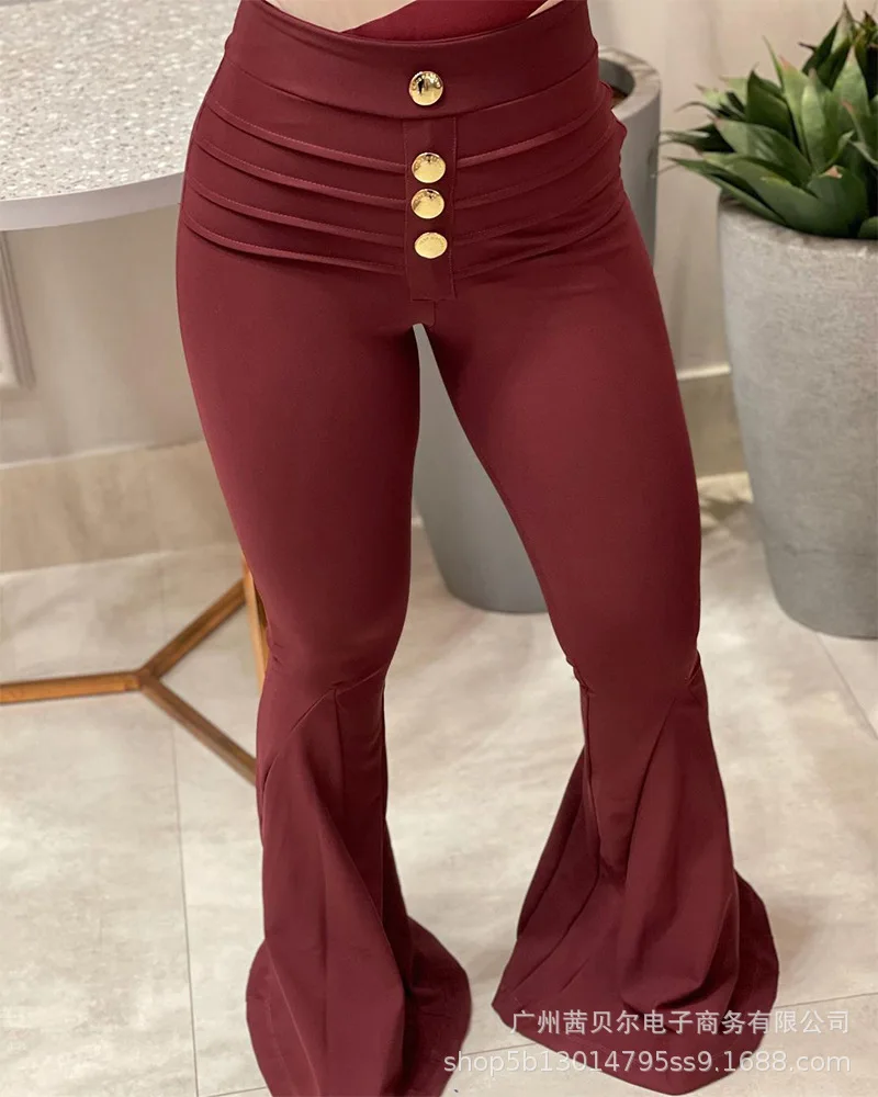 

Flare Pants Women 2021 New Burgundy Metal Button Bell Bottoms