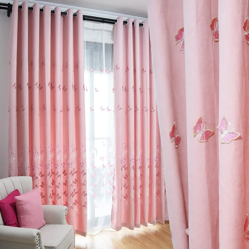

Embroidery Curtains Water Blue Shade Chevy Curtains for Living Room Stereo Butterfly Pink Girl Curtains Tulle for Bedroom