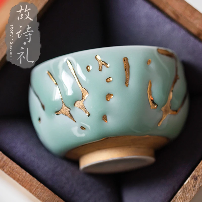 

ceremony] pure manual gold drawing open glazed ceramic kungfu tea set celadon single cup tea cup master cup tea cup