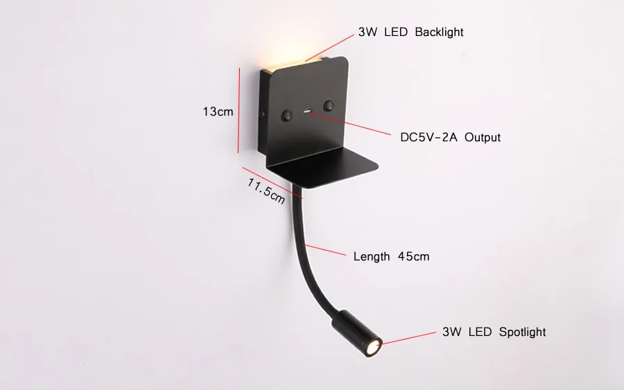 Современный светодиодный настенный светильник USB телефон зарядное устройство прикроватный свет для чтения с полкой для спальни гостиничный номер настенные ночные светильники