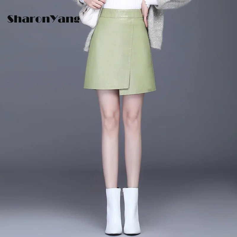 

Leather Skirt Women's 2021 New Spring and Autumn Irregular A-line Short Skirt Solid Color Casual PU Leather Midi Skirt Ladies