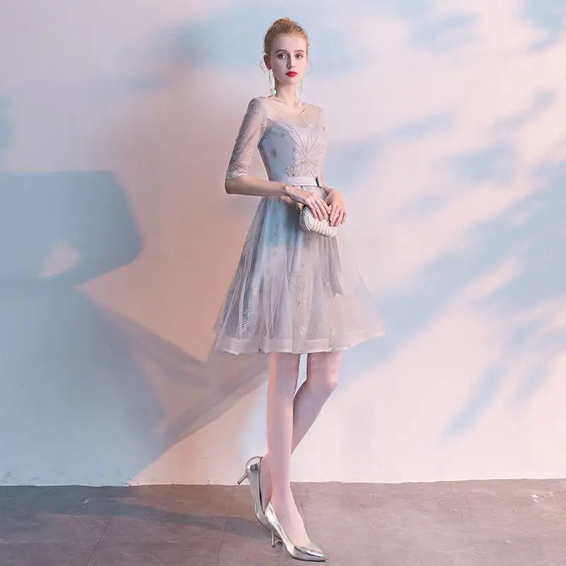 Elegant Light Blue Patchwork Mesh Dress Star Sequins Cheongsam Formal Party Gowns Female Embroidery Sexy Chinese Dress Qipao - Цвет: Grey Short