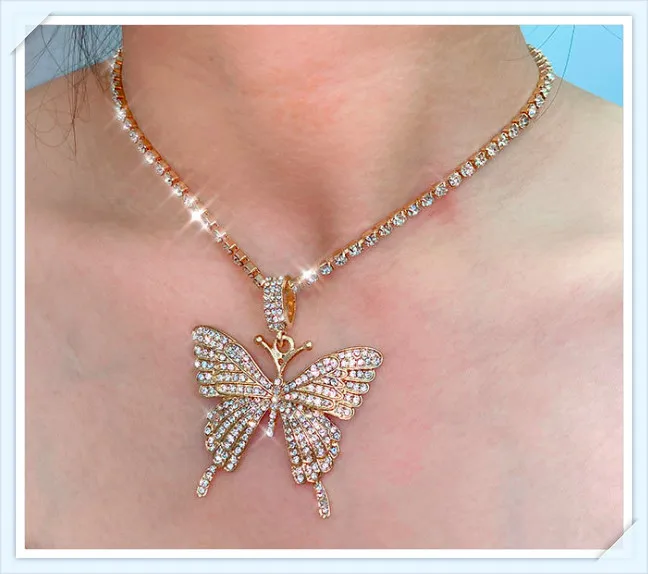 

Big Rhinestone Crystal Butterfly Pendant Necklace for Women Bling Choker Necklace chain custom necklace for Women Jewelry