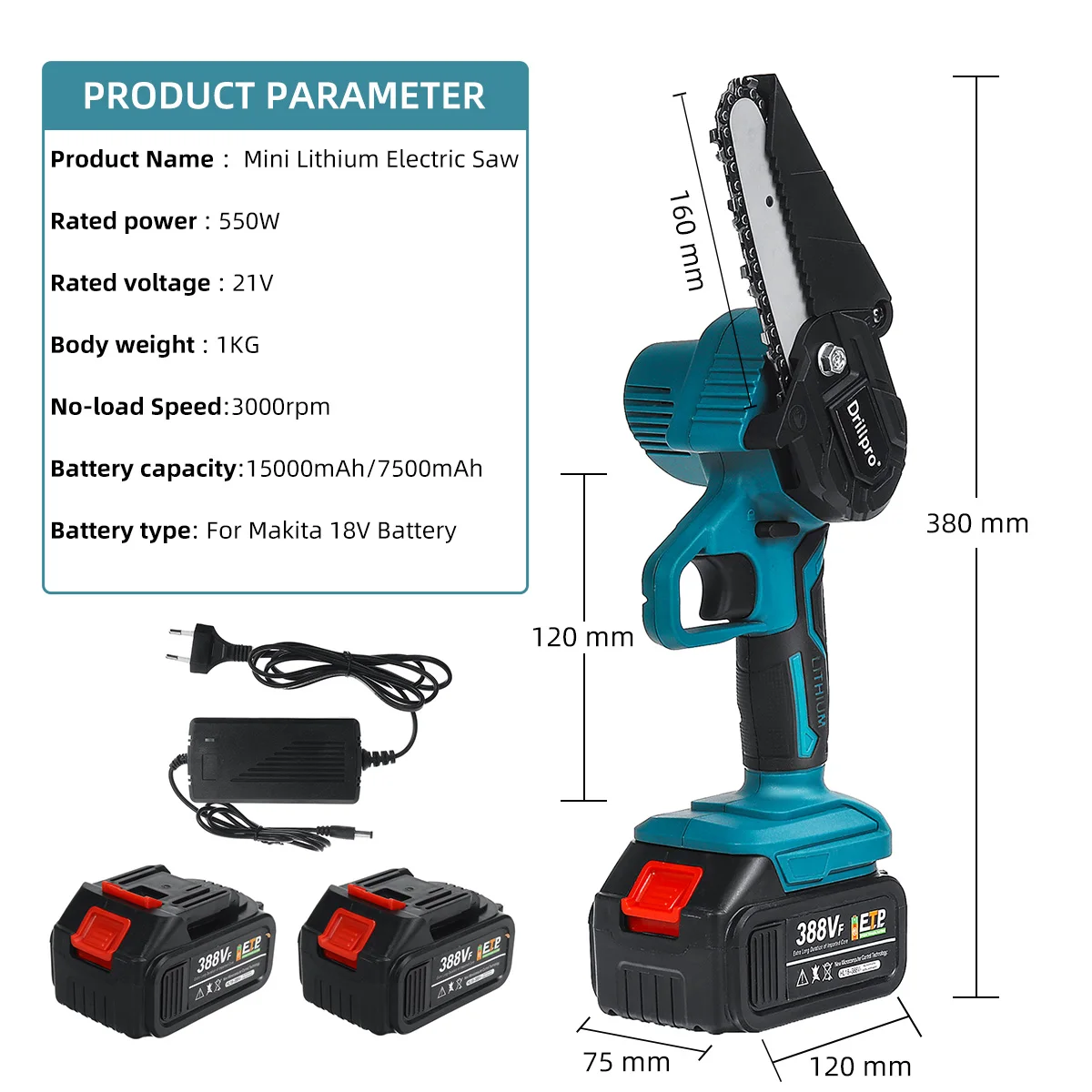 

1200W 4 inch Brushless Electric Saw Chainsaw Pruning Saw Thermostat 2X15000Mah Lithium Battery For Woodworking Garden Tools