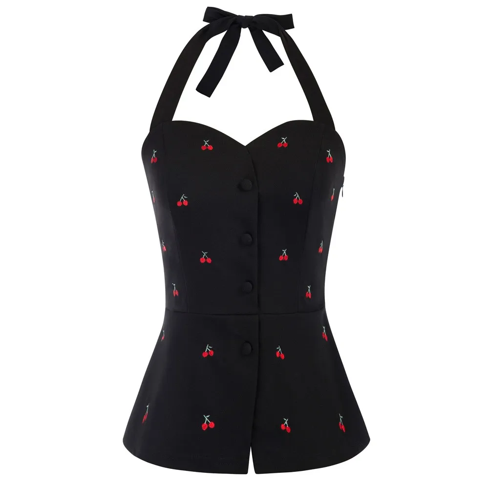 

BP Women Cherries Embroidery Tops Halter Sweetheart Neck Peplum Hem Tops Hidden Zipper In The Left Side Peplum Hem